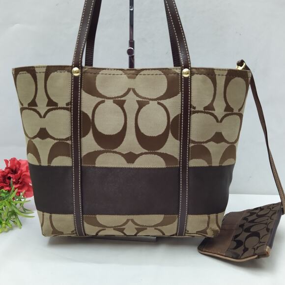 Coach Signature Brown Canvas 65th Ann. Double Handle Zipper Tote Bag W/ Wallet - Picture 3 of 16